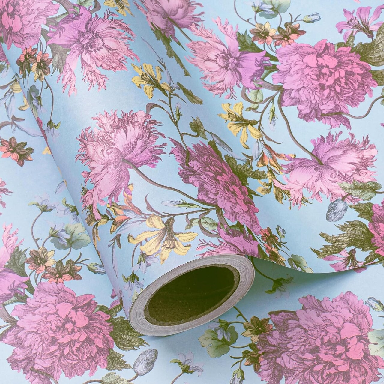 Kraft Floral Wrapping Paper – Mini Roll 17" x 16.5 Ft | Vintage Pink Flowers for Wedding, Birthday, Bridal Shower & DIY Crafts (Pink & Blue Floral)